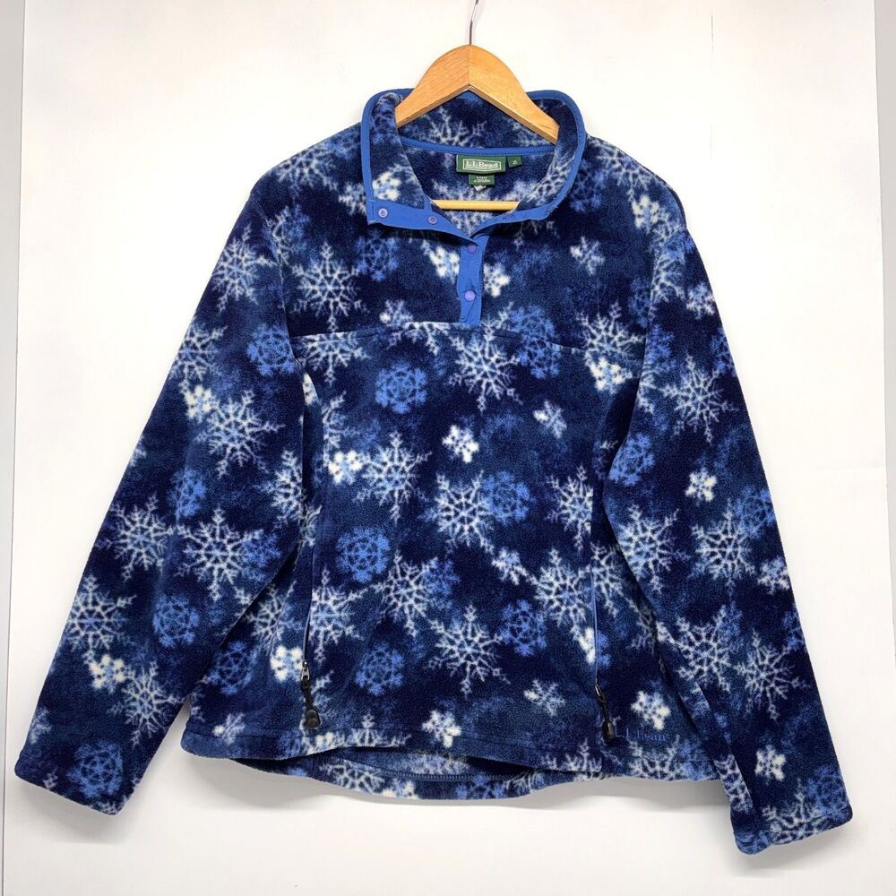 Vintage Women's L.L. Bean Fleece Pullover 1/4 Snap Snow Flakes Print Outdoors 1X